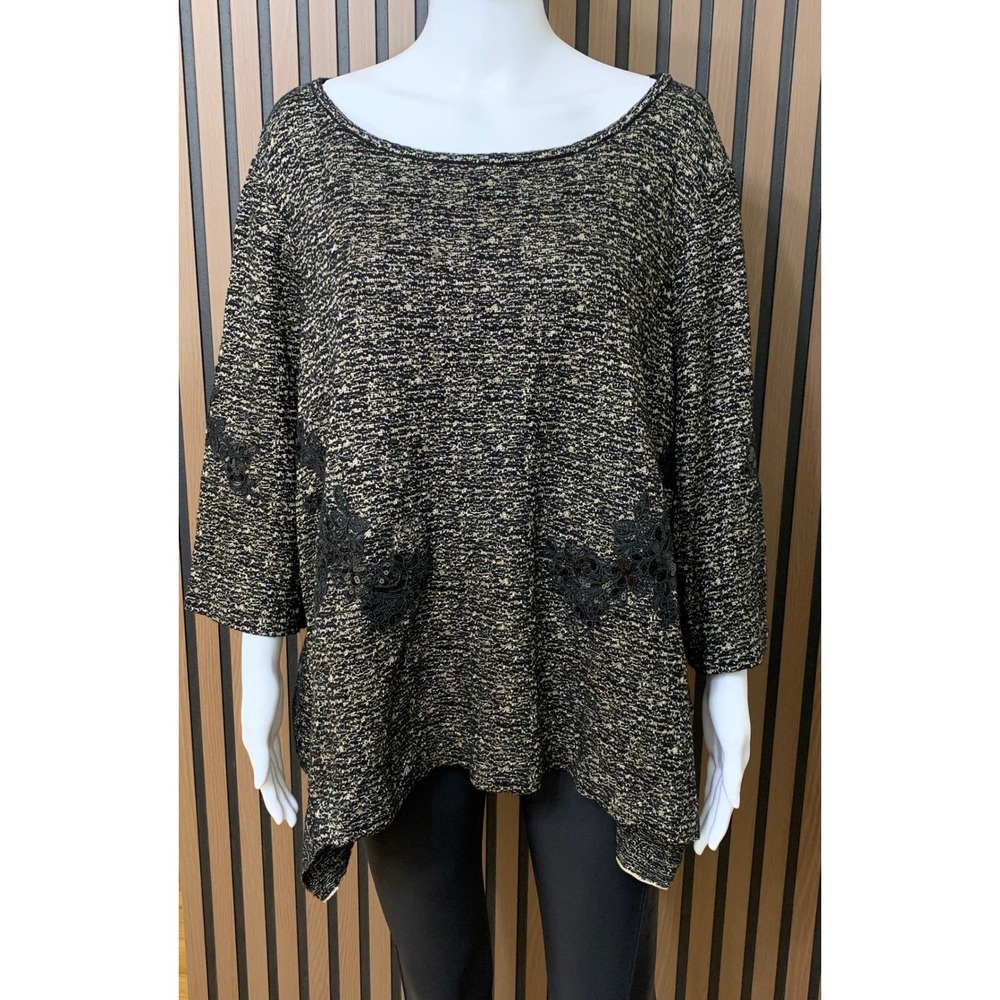 Ming Wang Black Gold Metallic Knit Tunic Top Lace Sequin Sharkbite Hem 2X